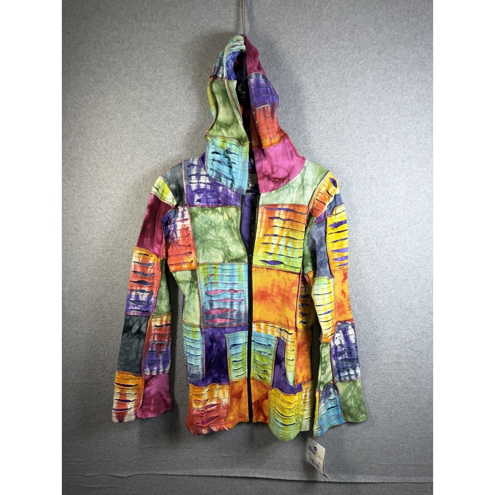 Happy Colors Jacket Womens Large‎ Multicolor Hooded Patchwork Boho Hippie NWT